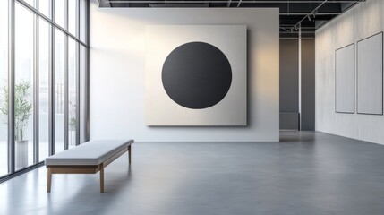 A large black and white painting of a circle is on the wall of a room