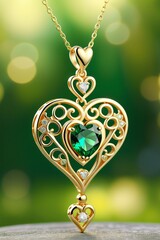 Wall Mural - A beautiful golden heart shape pendant hanging naturally on a chain with an emerald