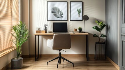 Wall Mural - Minimalist home office with a clean desk, ergonomic chair, and modern decor, designed for productivity and comfort.