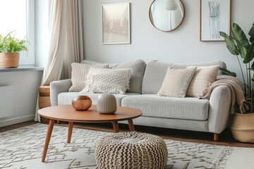 Wall Mural - Modern Living Room with Gray Velvet Sofa, Wooden Coffee Table, White Rug, and Natural Light