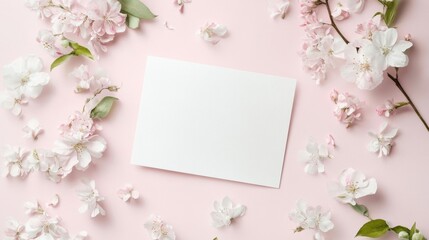 A white card is placed on a pink background with flowers