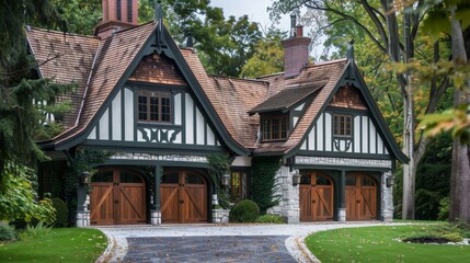 Charming tudor style family home with gable roof and decorative timber framing features