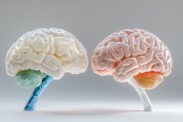 Sculpture of two brains, one male and the other female, facing each other with their heads touching together, with different colors on top of their heads 