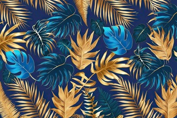 Sticker - Tropical Leaves Background in Blue and Gold Featuring Monstera Palm and Fern Patterns