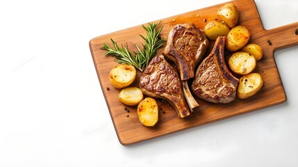 Delicious meat dish with grilled chops and roasted potatoes on a wooden board, garnished with fresh rosemary.