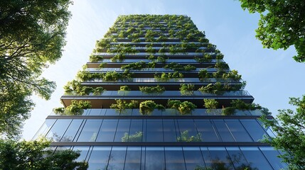 Wall Mural - Ecofriendly building in modern city Sustainable glass office building with trees for reducing CO2 Green architecture Building with green environment Sustainability corporate Net zero e : Generative AI