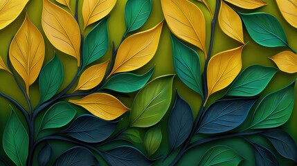 Wall Mural - Seamless leaf pattern wall with green and yellow autumn leaves background.