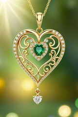 Wall Mural - A beautiful golden heart shape pendant hanging naturally on a chain with an emerald