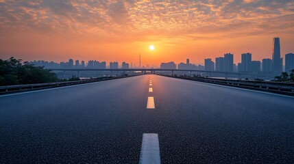 Wall Mural - Asphalt road and bridge with modern city buildings scenery at sunset in Guangzhou : Generative AI