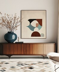 a modern, minimalist living room interior, statement art on wall in retro abstract geometric shapes 