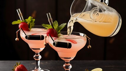 Two glasses with retro coctail tubes and glass jug of strawberry lemonade, served with fresh strawberries, mint and  lime over dark background. See series