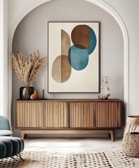 a modern, minimalist living room interior, statement art on wall in retro abstract geometric shapes 