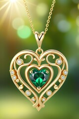 Wall Mural - A beautiful golden heart shape pendant hanging naturally on a chain with an emerald