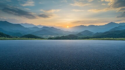 Wall Mural - Asphalt road square and green mountain with sky clouds at sunset High Angle view : Generative AI