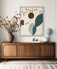 a modern, minimalist living room interior, statement art on wall in retro abstract geometric shapes 