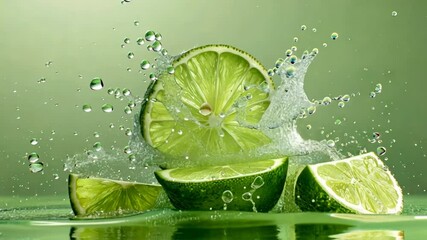 Poster - A lime is shown in the air with water droplets surrounding it. The lime is cut in half and is surrounded by water