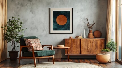 Wall Mural - Interior design of stylish living room with mock up poster frame copy space green armchair round coffee table wooden sideboard brown plaid pillow and personal accessories Home decor Te : Generative AI