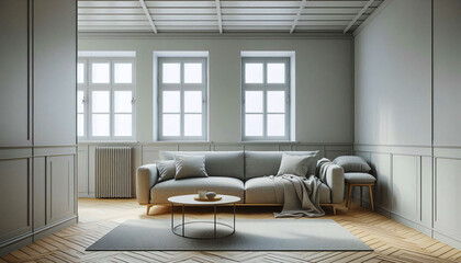 living room featuring a large white sofa with soft pillows and elegant deco, large windows