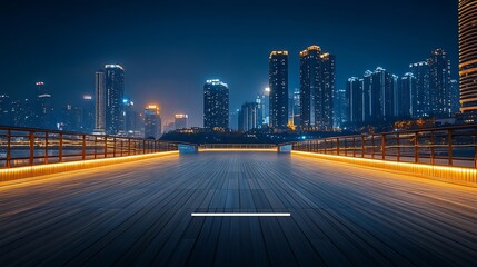 Wall Mural - Empty square floor and bridge with modern city buildings at night in Chongqing : Generative AI