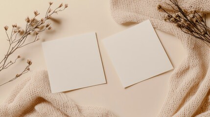 Blank white cards with dried flowers and knitted textile on a light beige background.