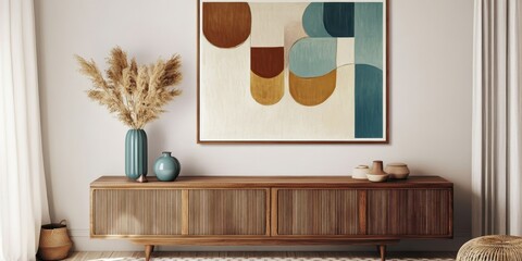 a modern, minimalist living room interior, statement art on wall in retro abstract geometric shapes 