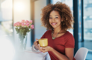 Wall Mural - Office, smile and portrait of woman with coffee, break and calm morning drink at administration business. Happy, face and receptionist at desk with cappuccino, relax and wellness in professional job