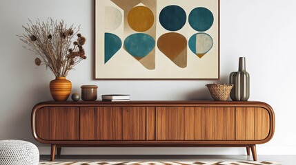 a modern, minimalist living room interior, statement art on wall in retro abstract geometric shapes 