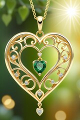 Wall Mural - A beautiful golden heart shape pendant hanging naturally on a chain with an emerald