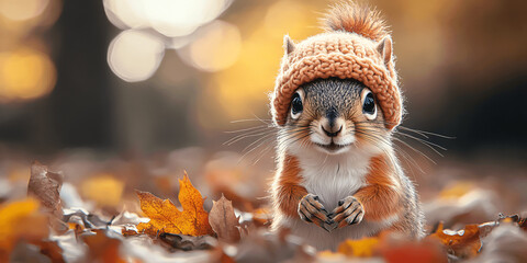 Fall season card with cute squirrel with knitted hat on blurred autumn park landscape background with copy space, Generative AI.