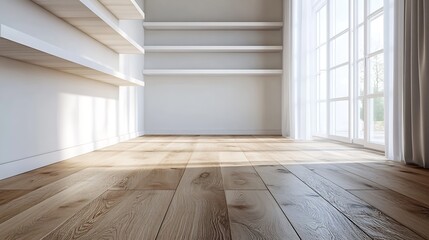 Poster - Empty bedroom with white wooden shelves on the wall French oak floors : Generative AI
