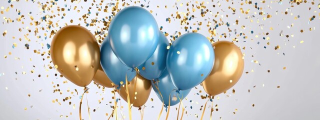 Blue balloons, gold balloons, streamers, confetti, celebration, festive, party, birthday background