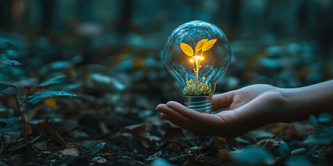 human hand holding a light bulb with a plant sprout inside. Concept of green energy saving, renewable and recycling, Generative AI.