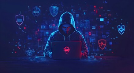 Wall Mural - hooded hacker analyzing sensitive cyber data on laptop screen