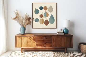 a modern, minimalist living room interior, statement art on wall in retro abstract geometric shapes 