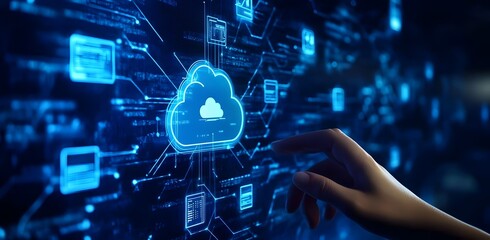 Wall Mural - glowing digital interface with touchscreen and cloud storage icons