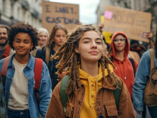 Youth Climate Activists Marching with Signs in Urban Backdrop