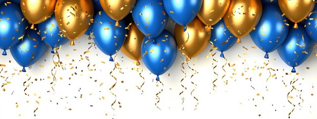 Blue balloons, gold balloons, streamers, confetti, celebration, festive, party, birthday background