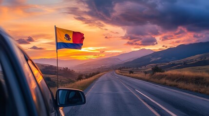 Waving the Ecuador flag against the sunrise or sunset from a car driving along a country road Holding the Ecuador flag traveling by car on a weekend trip : Generative AI