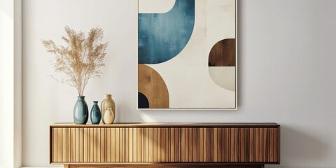 a modern, minimalist living room interior, statement art on wall in retro abstract geometric shapes 