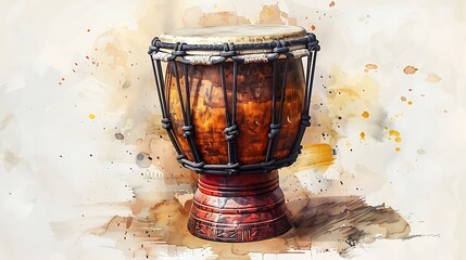 Wall Mural - A wooden djembe drum with intricate carvings, isolated on a watercolor background.