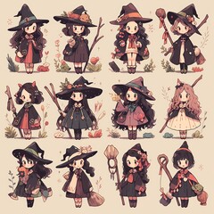 Charming collection of whimsical witch illustrations featuring diverse styles and magical accessories in a playful setting.