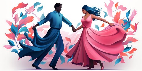 A vector illustration of two people dancing, with swirls and floral patterns,The design features simple shapes, bold lines, and a flat, graphic art style.