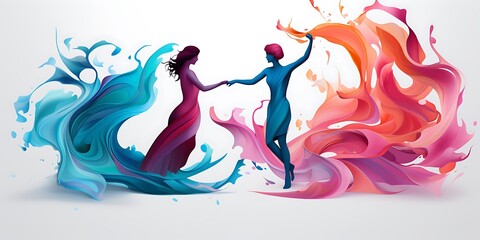 A vector illustration of two people dancing, with swirls and floral patterns,The design features simple shapes, bold lines, and a flat, graphic art style.