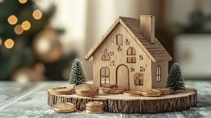 Poster - 2024 New year New home budget Real estate Asset management Business and financial New year property investment concept House model on 2024 wooden blocks and coins on floor Happy new ye : Generative AI