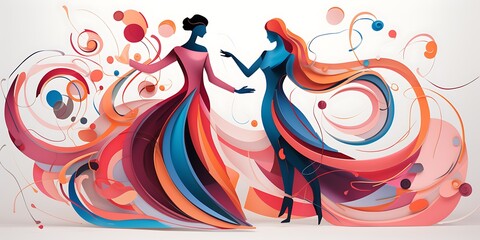 A vector illustration of two people dancing, with swirls and floral patterns,The design features simple shapes, bold lines, and a flat, graphic art style.