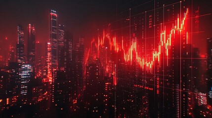 Aufkleber - Investing and real estate market crash concept with falling down digital financial chart candlestick and graphs with data indicators on city modern business centers background double e : Generative AI