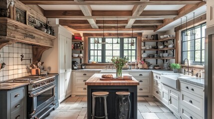 Kitchen with wooden beams and vintage appliances rustic farmhouse style.