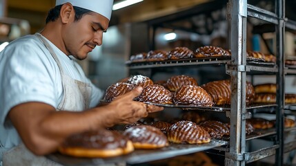 in a traditional mexican bakery a bakers back is turned as he retrieves freshly baked chocolate conc