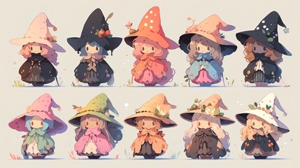 A charming collection of whimsical witches in colorful hats, perfect for enchanting illustrations or magical themed designs.