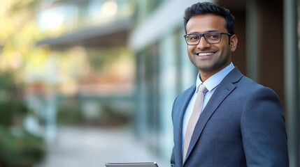 Leinwandbilder - Smiling indian businessman in suit and glasses with laptop near office building : Generative AI